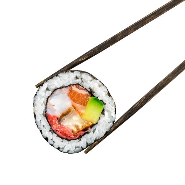 Sushi roll with salmon, shrimps and avocado stock photo