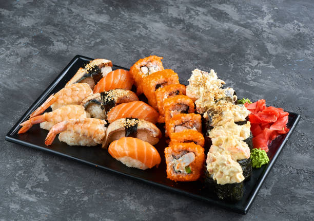 Sushi Set gunkan, nigiri and rolls stock photo