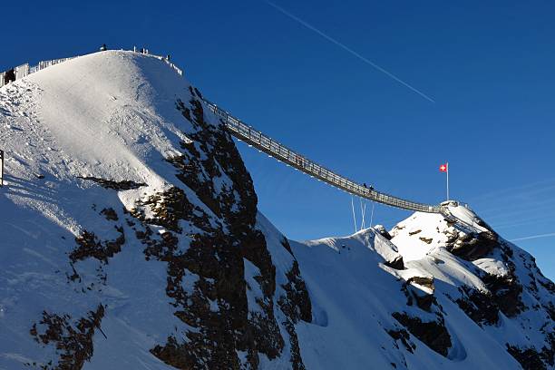 ponte sospeso connesting due cime di montagna - de winter foto e immagini stock