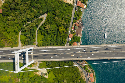 Istanbul Bosphorus Bridge, 15 July Martyrs Bridge from Sky Aerial view. suspension bridge vehicle traffic