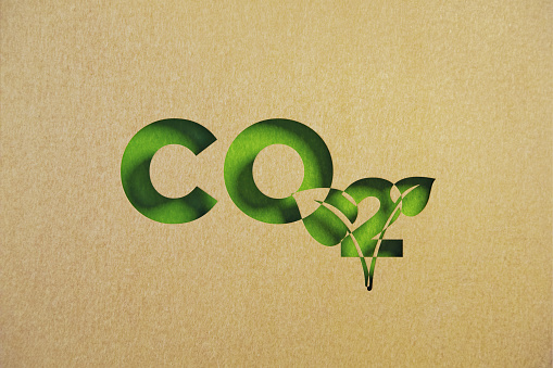 Cut out leaf shapes made of recycled paper intersect with carbon dioxide symbol on green background. Horizontal composition with copy space. Sustainability concept.