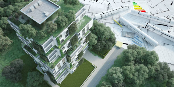 Sustainable apartment building project 3D rendering of a sustainable modern apartment building  with blueprints green building stock pictures, royalty-free photos & images