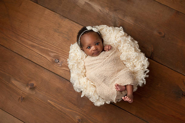 Swaddled Newborn Baby Girl An alert one month old newborn baby girl wearing a cream colored bow headband. She is swaddled with a beige stretch wrap and looking directly into the camera. Shot in the studio on a wood background. blanket photos stock pictures, royalty-free photos & images
