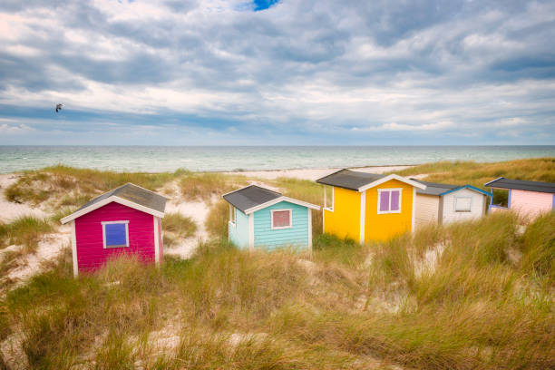 svenska beach huts i sanddynerna - badstrand sommar sverige bildbanksfoton och bilder