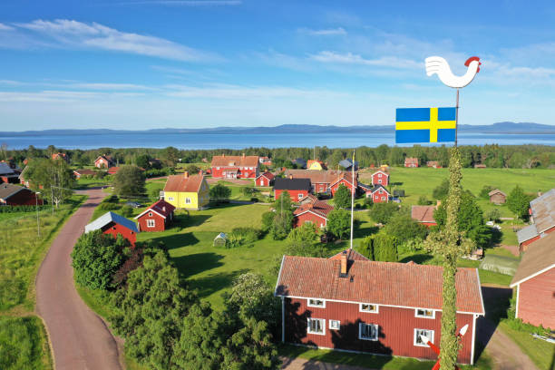 A swedish village in summer View over a small village by lake Siljan in Dalarna, Sweden. In the foreground is the top of a maypole, with a rooster and a swedish flag. swedish flag photos stock pictures, royalty-free photos & images