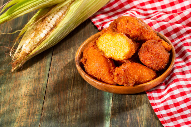 Sweet corn croquettes, traditional Colombian food - Text space stock photo