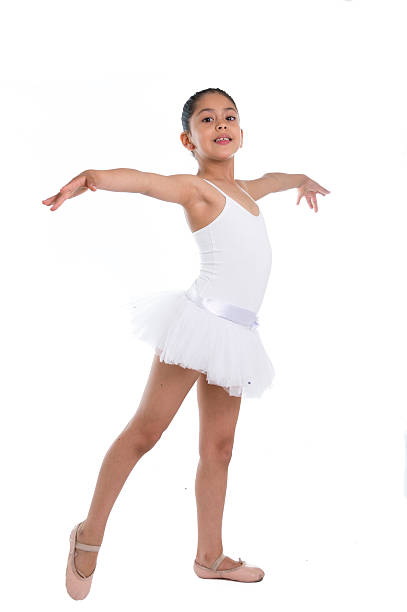 sweet cute little girl ballet dancer dancing on white background stock photo