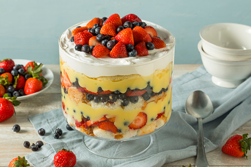 Sweet Homemade Strawberry Trifle Dessert with Custard and Cake