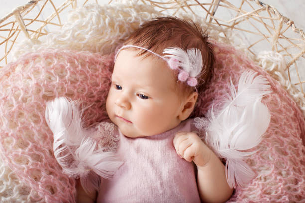 Sweet newborn baby girl with open eyes. Newborn girl 3 weeks old lying in a basket with knitted plaid. Portrait of pretty  newborn girl. Closeup image stock photo