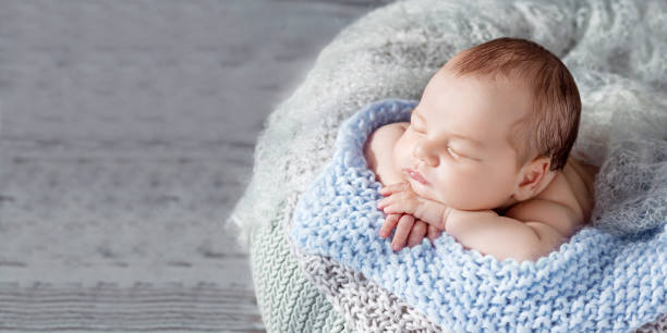 Sweet newborn baby sleeps.  Newborn boy folded handles  in a basket. Copy space stock photo