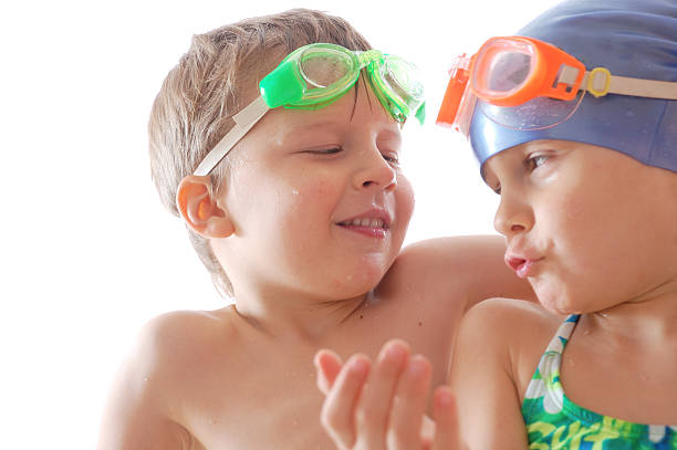 swimmers talking stock photo