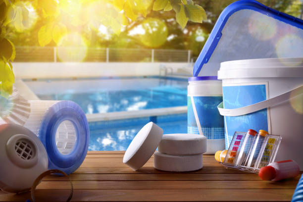 Swimming pool service and equipment with swimming pool background stock photo