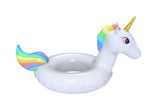 Swimming ring in shape of unicorn Swimming ring in shape of unicorn isolated on white. 3D rendering with clipping path swimming float stock pictures, royalty-free photos & images