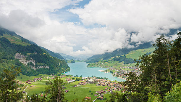 Swiss Scenery at Lungerersee, Obwalden, Switzerland  lungern village switzerland lake stock pictures, royalty-free photos & images