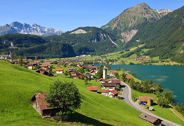 Swiss village "Village of Lungern, Switzerland" lungern village switzerland lake stock pictures, royalty-free photos & images