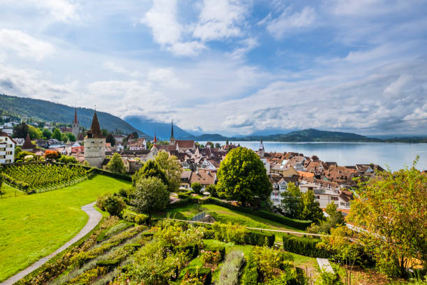 Switzerland - Panorama of Zug Panorama of Zug, the capital of the Swiss canton of Zug historic district stock pictures, royalty-free photos & images