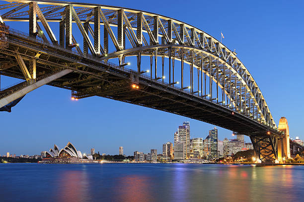 Sydney Harbor Bridge with Sydney Opera House at dusk stock photo