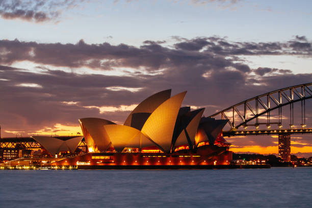 Sydney Opera House and Bridge at Dusk in Australia stock photo
