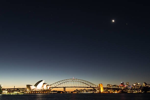Sydney Opera House and Sydney Harbor Bridge at Dusk stock photo