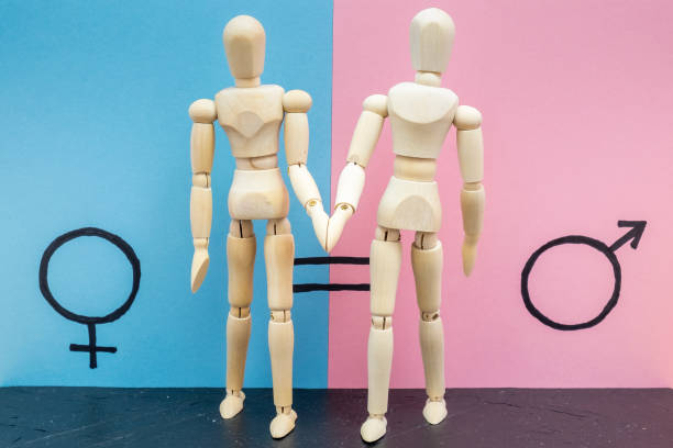 Symbol of gender equality Two wooden dolls depicting a man and a woman holding hands next to the symbol of gender equality gender stereotypes stock pictures, royalty-free photos & images