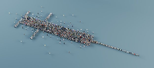 Syringe symbol made from people, mass vaccination concept background 3D Rendering