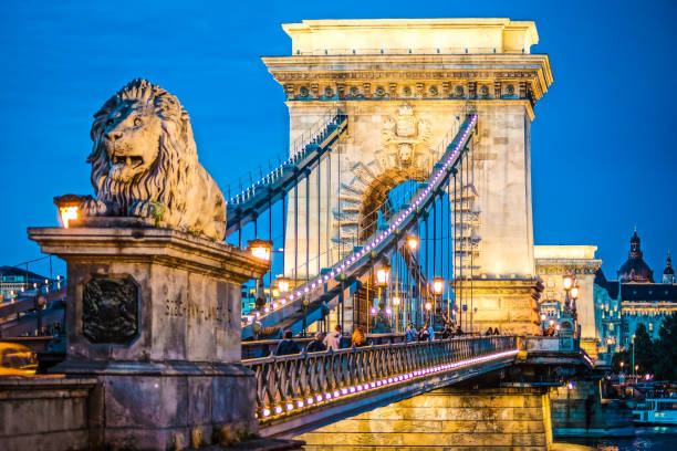 Szechenyi Chain Bridge night view (Budapest, Hungary) stock photo