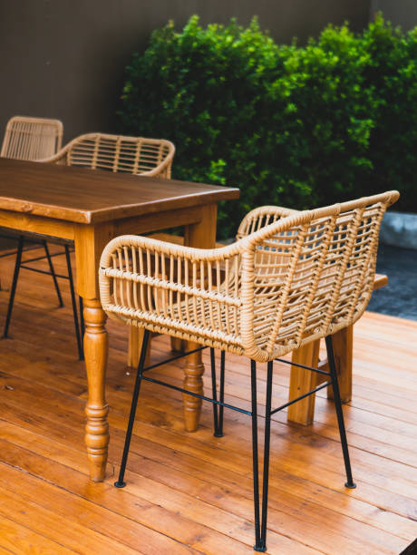 Table and chairs in the garden cafe. stock photo
