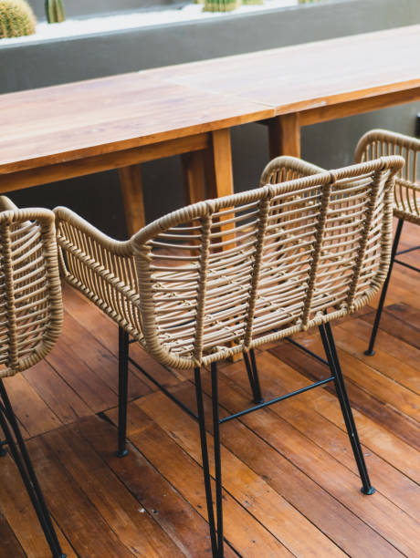 Table and chairs in the garden cafe. stock photo