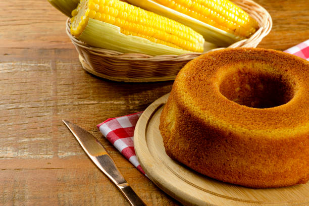 Table decorated for June party. Corn cake. stock photo