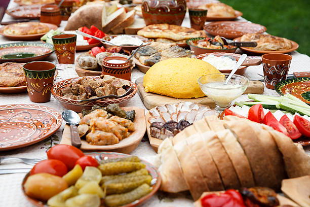Table full of homemade moldavian food view from above stock photo