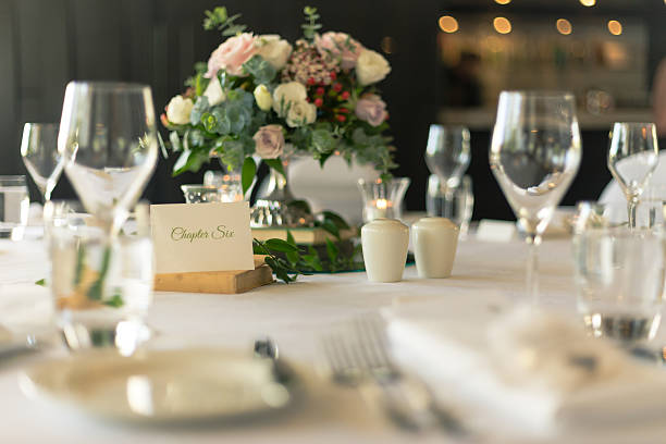 Table Place Card with Bouquet at Wedding Reception stock photo