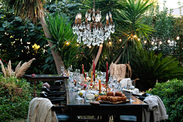 Table set outside for banquet. stock photo