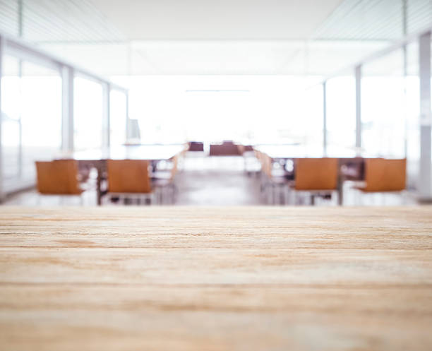 Table top Blurred Office space Meeting Seminar room with seats stock photo