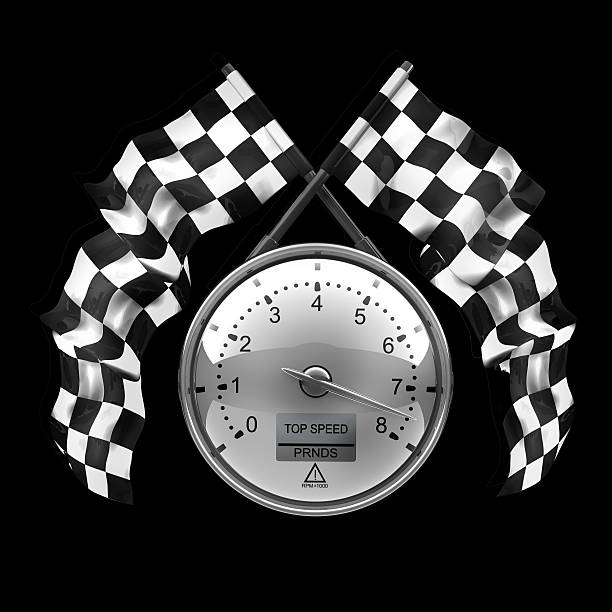 tachometer. Two crossed checkered flags isolated on black background stock photo