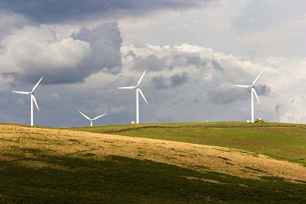 Taff Ely Wind Farm in Wales, UK "Consisting of 20 wind turbines, this farm has been operating since October 1993. It is situated 10km north east of Bridgend, south Wales and overlooks the small village of Gilfach Goch" vertical axis wind turbine stock pictures, royalty-free photos & images
