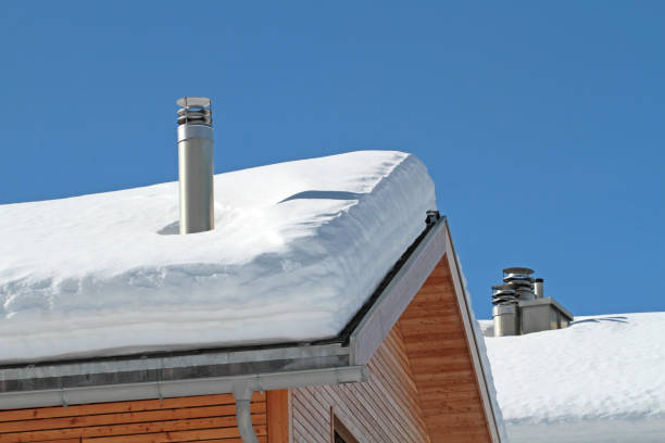tailpipes_winter tailpipes on snowy roofs gable stock pictures, royalty-free photos & images