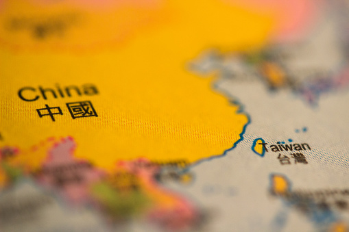 A close-up photograph of Taiwan and China on  map.