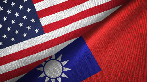 Taiwan and United States two flags together textile cloth, fabric texture stock photo