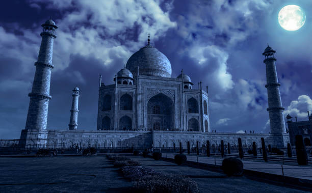 Taj Mahal Agra in full moon light. A beautiful white marble mausoleum at Agra India. stock photo