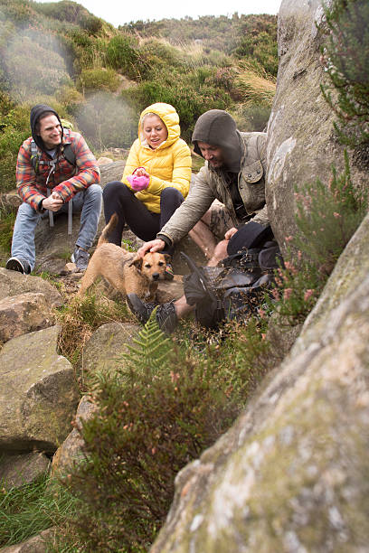 Taking a Well Deserved Break Group of hikers taking a break at some rocks. They have their pet dog with them. rothbury northumberland stock pictures, royalty-free photos & images