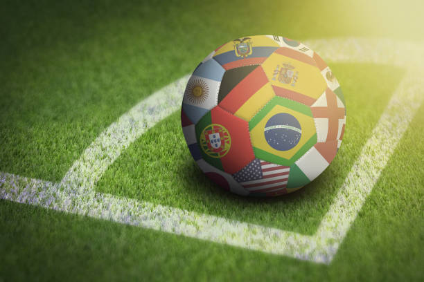 taking corner with world flags soccer ball - portugal flag stadium imagens e fotografias de stock