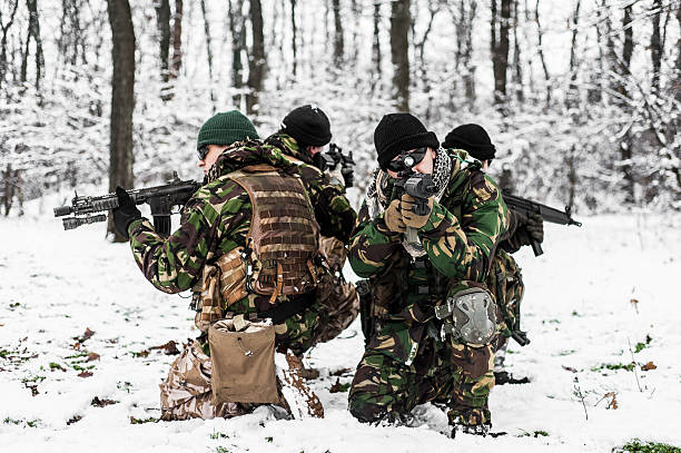 Taking post Soldiers taking post in snowy conditions militia stock pictures, royalty-free photos & images