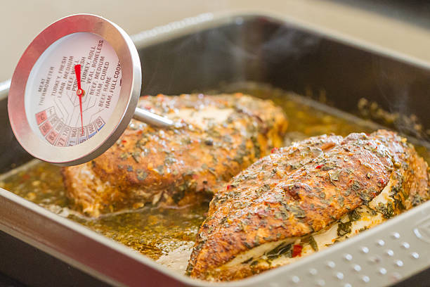 Taking the temperature of two seasoned chicken breasts stock photo