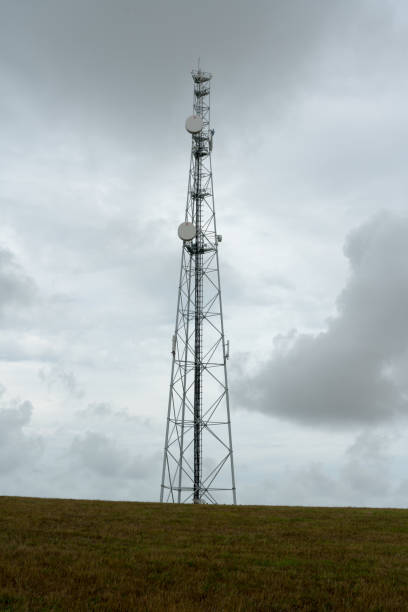tall aerial radio and cell phone antenna on a coastal meadow under an overcast sky A tall aerial radio and cell phone antenna on a coastal meadow under an overcast sky barneville carteret photos stock pictures, royalty-free photos & images