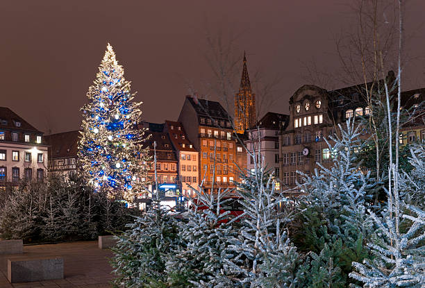 Tall, lit Christmas tree in the city stock photo