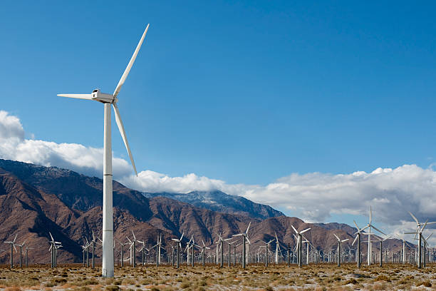 Tall Wind Turbine With Dozens More in Background stock photo