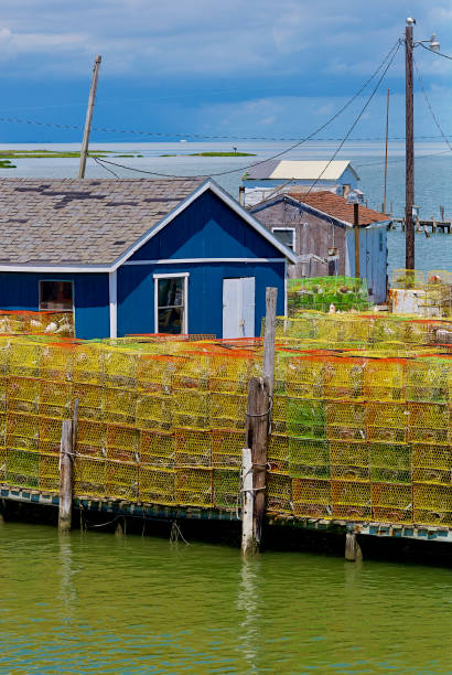 Tangier Island, Virginia Tangier Island, Virginia / USA - June 21, 2020: Crab pots are stacked on a dock in front of a shanty in this popular tourist destination in the Chesapeake Bay that exudes a quaint charm with its many watermen and their boats. tangier island stock pictures, royalty-free photos & images