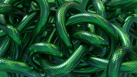 Tangled snakes with green metallic scales. Fantasy background. 3D rendered image