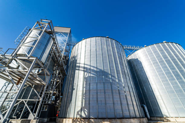 Tanks and agricultural silos of grain elevator storage. Loading facility building exterior. View from below. stock photo