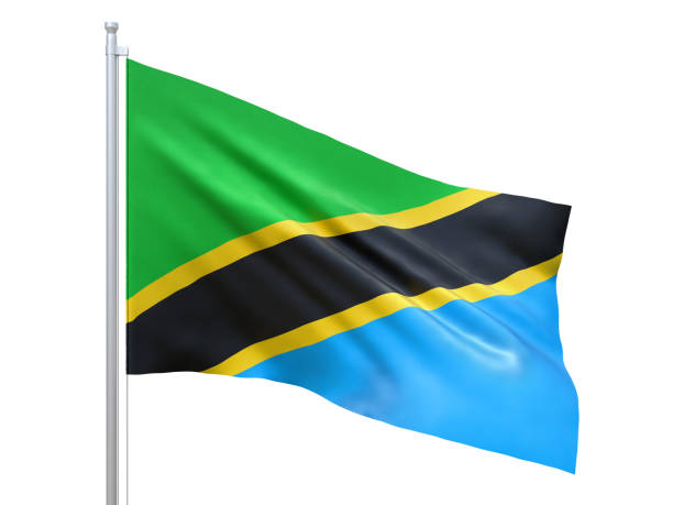 tanzania flag waving on white background, close up, isolated. 3d render - tanzania object imagens e fotografias de stock